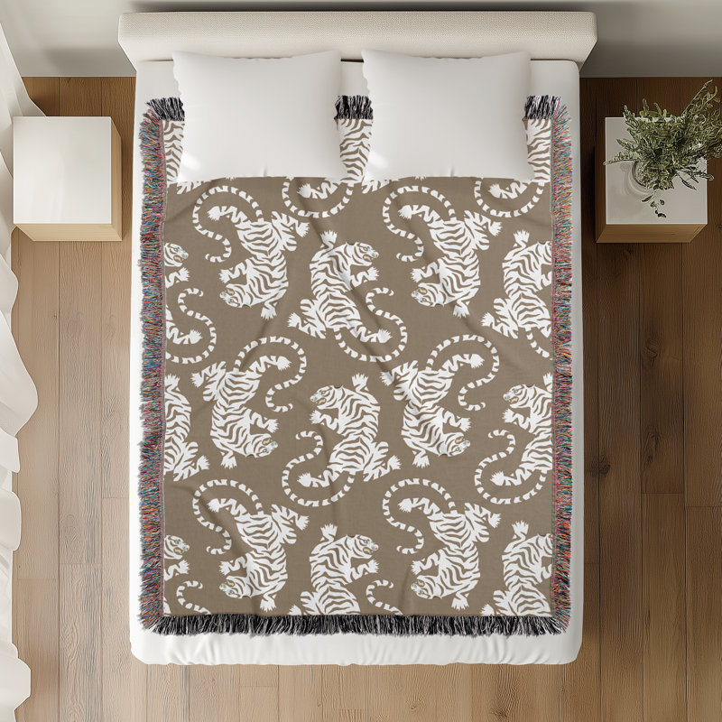 Jeté en mélange de coton Leonard Tiger, Beige / Blanc cassé, L 80 po x l 60 po
