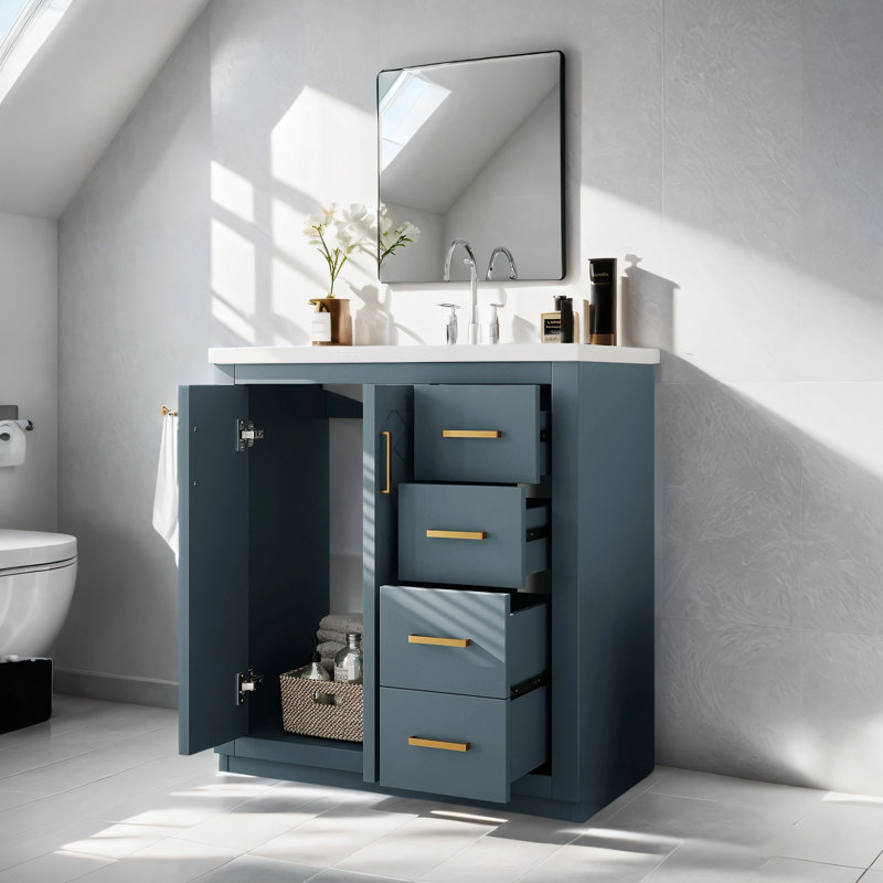 Abida 30'' Single Bathroom Vanity with Ceramic Top, Navy Blue