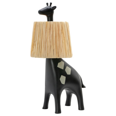 13.8 In. Black Giraffe Resin Base With Raffia Shade Led Table Lamp, Decorative Accent Light For Bedroom Or Living Room