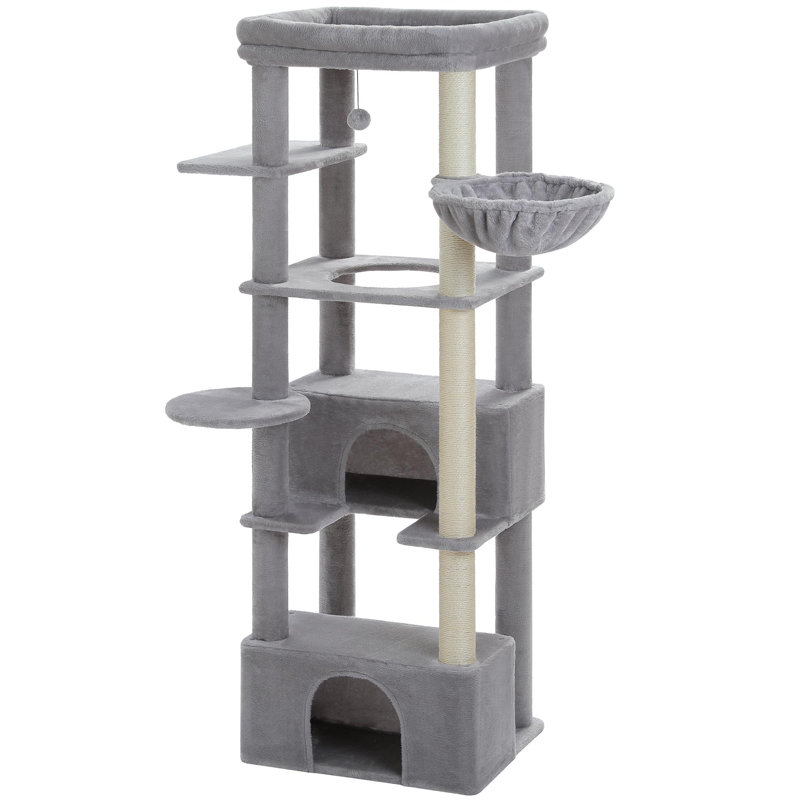 Grand arbre à chat avec perchoir supérieur très grand, 2 grands appartements, poteaux à griffer et hamac confortable, Gris