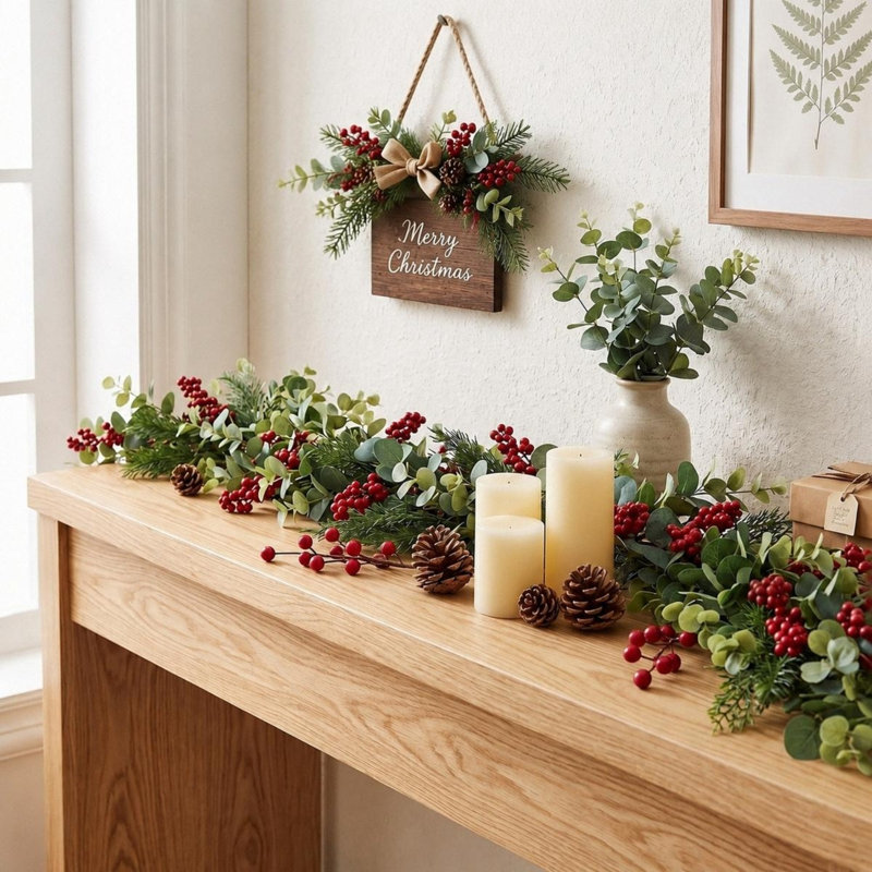 Guirlande 6,3 pi Eucalyptus artificiel avec baies rouges pour décoration de Noël