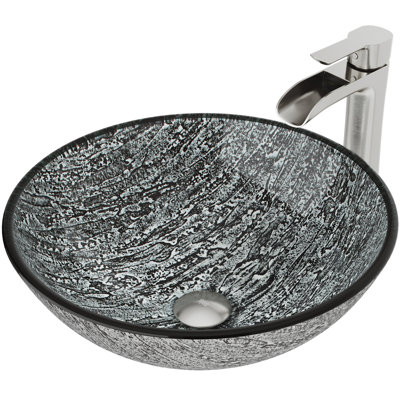 Giovanni Titanium 17" L x 17" W x 6" H Round Glass Vessel Bathroom Sink with 11" H Faucet