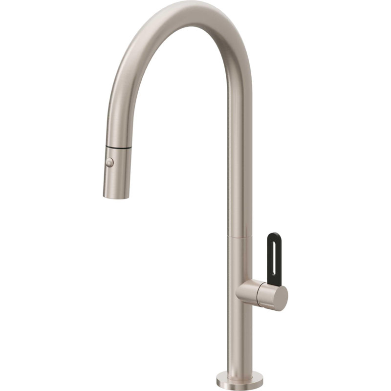 Pull-Down Kitchen Faucet With Button Sprayer - High Arc Spout, Black Flat Blade, Satin Nickel