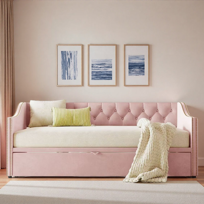 Upholstered Daybed With Pop Up Trundle, Pink