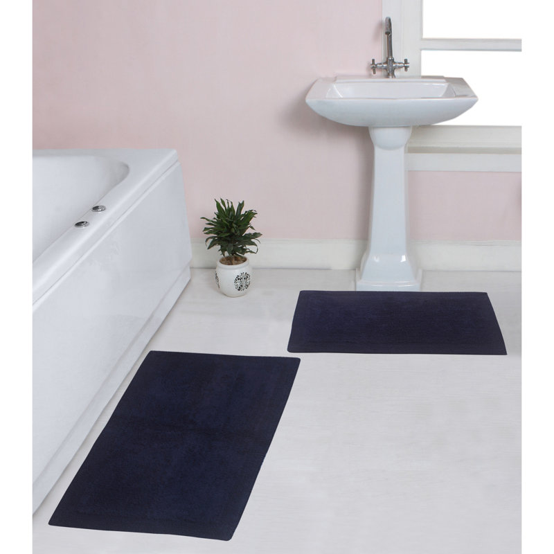 Luxury 100% Cotton Bath Rug (Set of 2) Reversible, Navy, 2PC Set (24"x40", 21"x34")