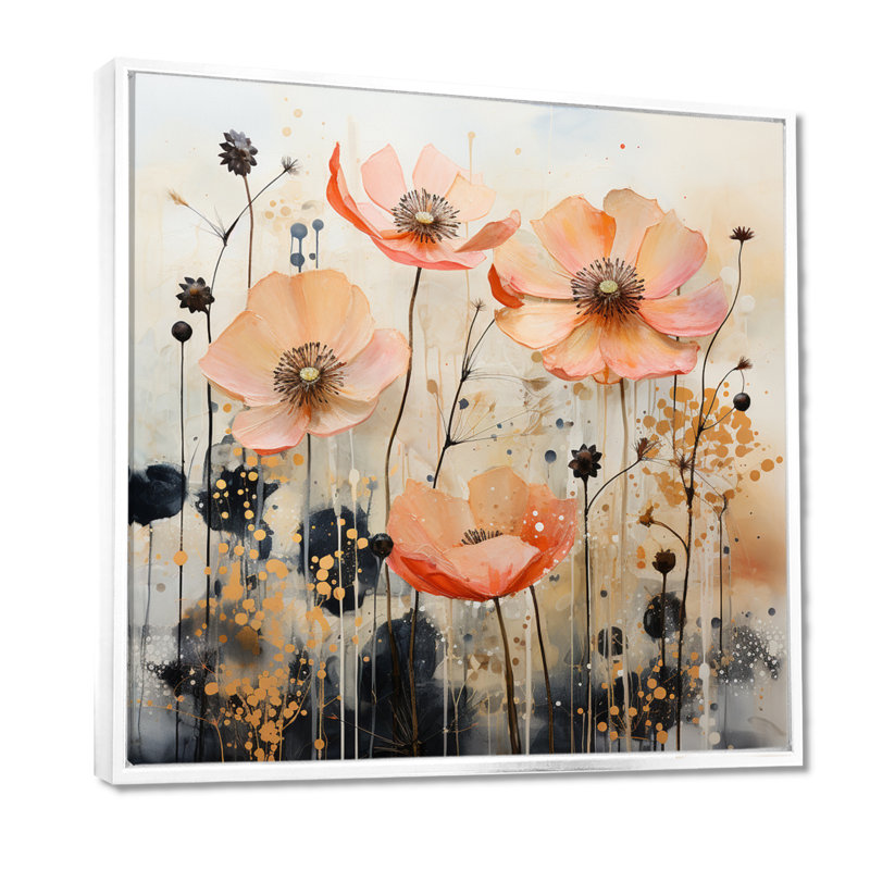 «Peach Blossoming Abstractions I», art mural abstrait sur toile, H 36 po x l 36 po x P 1,5 po, Cadre flottant blanc