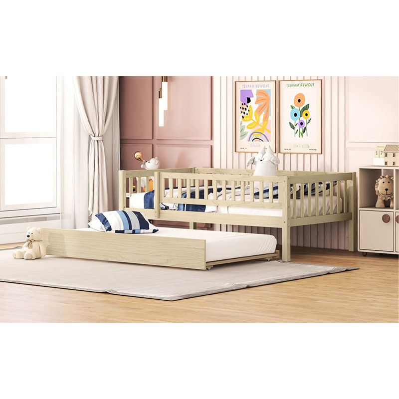 Twin Size Daybed With Trundle And Fence Guardrails In Natural - Space Efficient Sleeping Wood Practical, Natural, Twin