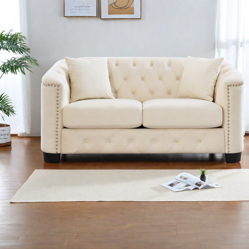 Canapés à compression, 59 po. Chesterfield moderne en velours beige pour la maison