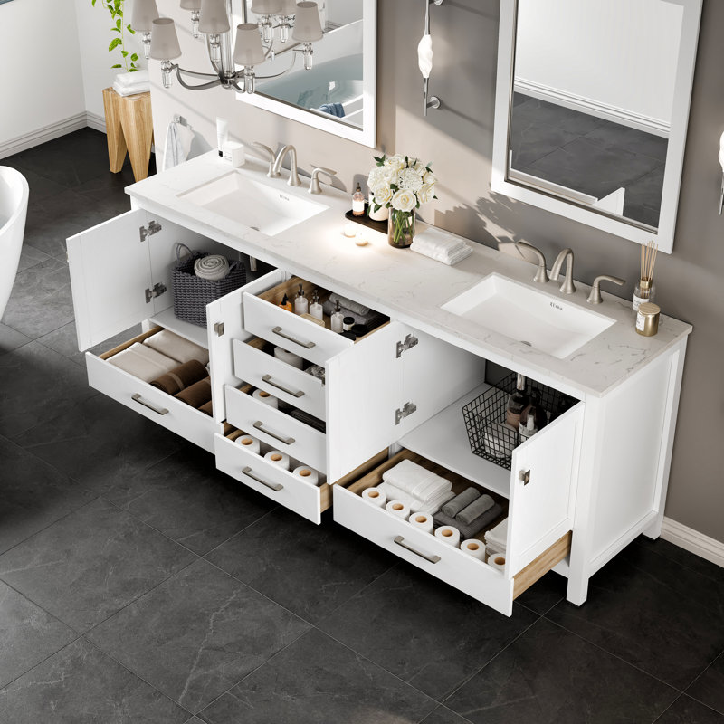 Minnich 84"W x 22"D Double Sink Bathroom Vanity with Undermount Porcelain Sink, White, Quartz - White Carrara