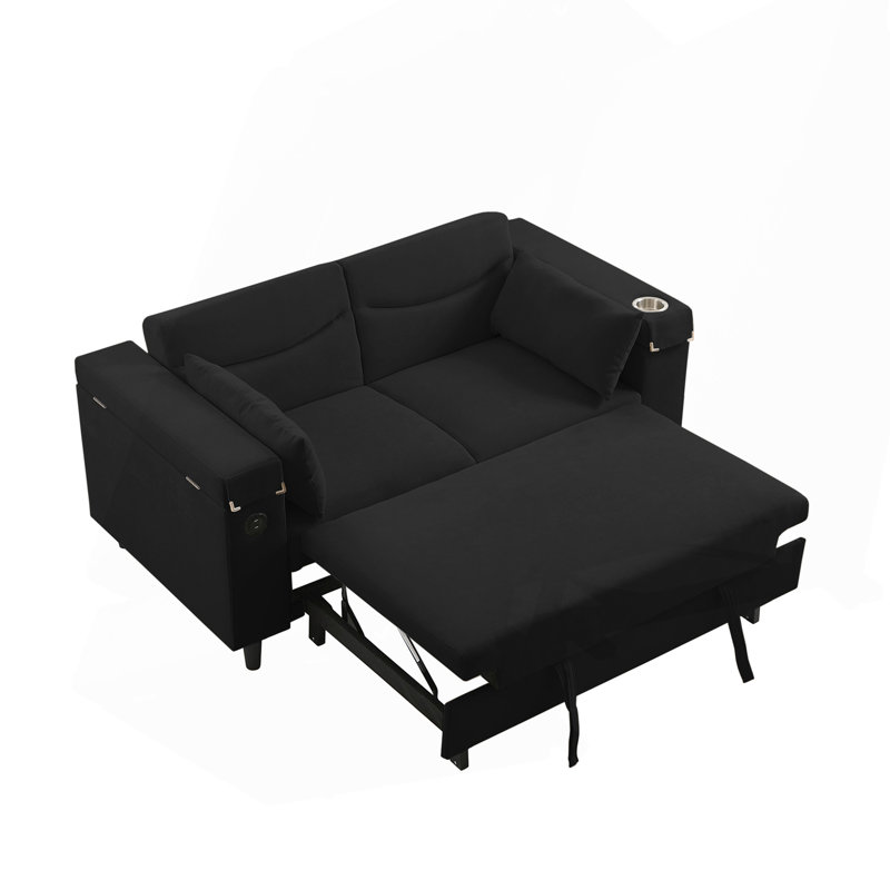 Canapé noir en chenille avec table d'appoint et port USB, Noir