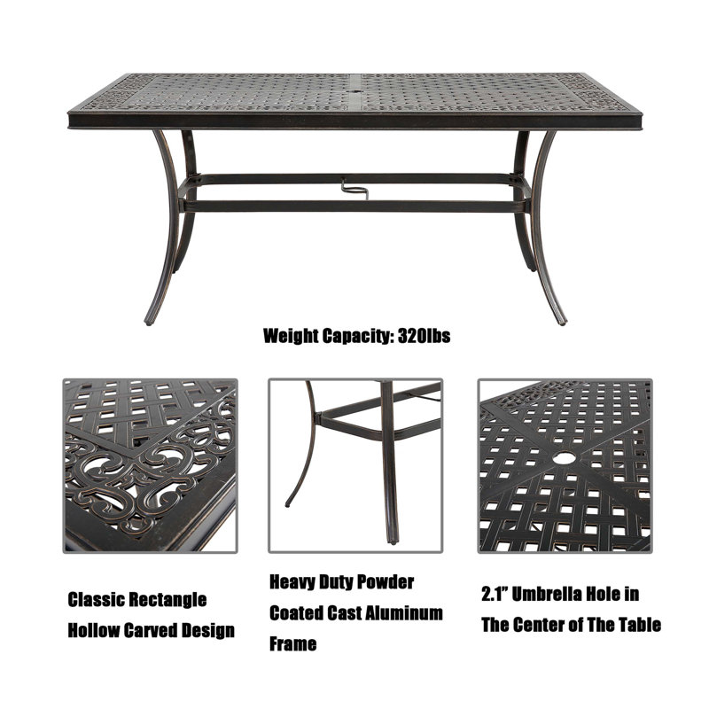 Table de salle à manger rectangulaire de patio en aluminium moulé avec trou pour parasol (noir et or)