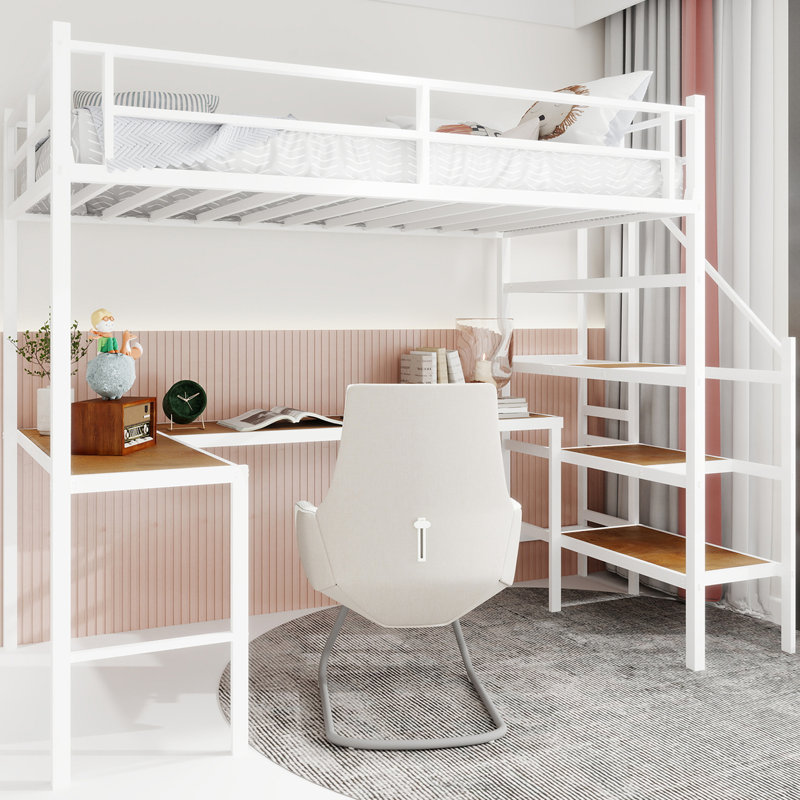 Lit mezzanine simple en fer avec bureau en forme de L et trois tablettes, fonctionnalité, stabilité à long terme, parfait pour l'installation d'un bureau à domicile.