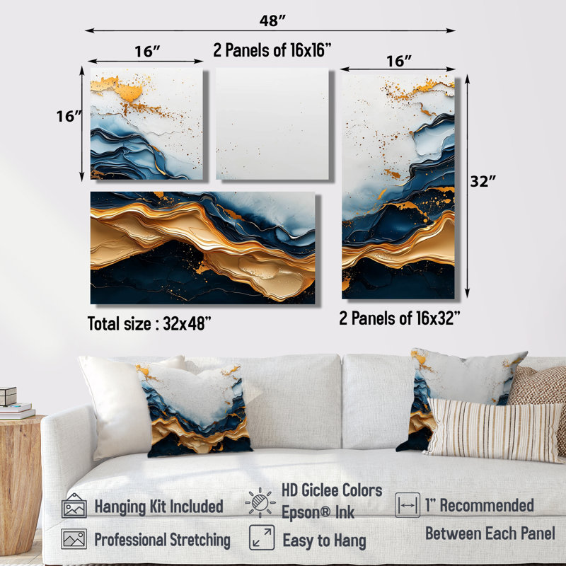 Golden Silence of Minimal Marble River IV - Art mural abstrait 4 pièces, Impression encadrée sans passe-partout, Doré