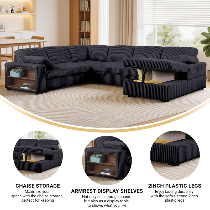 118" U-Shaped Pull Out Sleeper Sofa Bed 4 Piece Corduroy Modular Sectional Convertible Couch With Corner & Storage Chaise & Armrest Cabinet