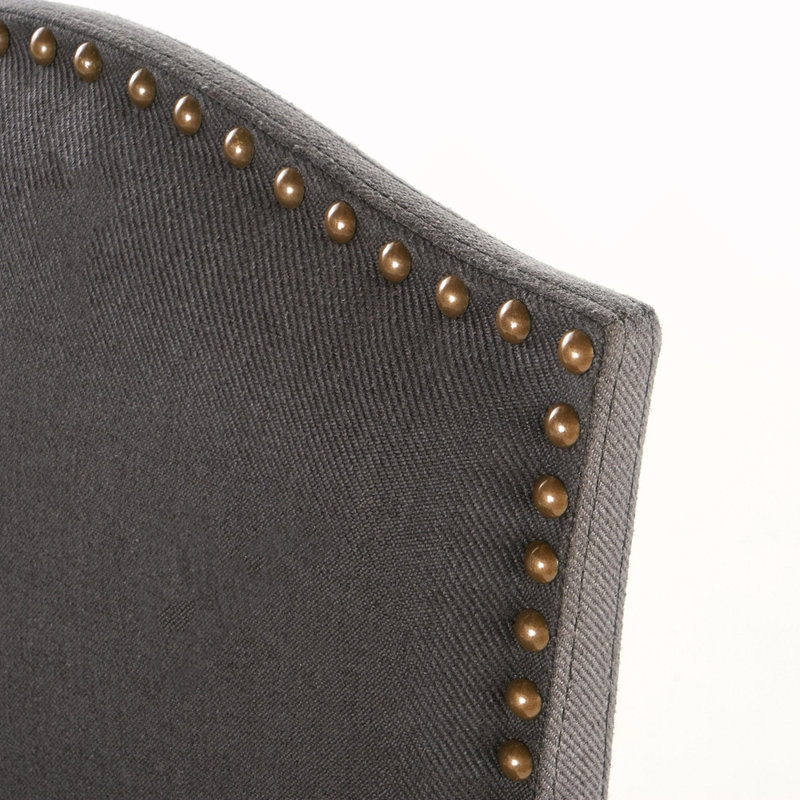 Set Of 2, Upholstered Counter Height Barstools With Nailhead Trim, Dark Charcoal And Walnut, Fabric