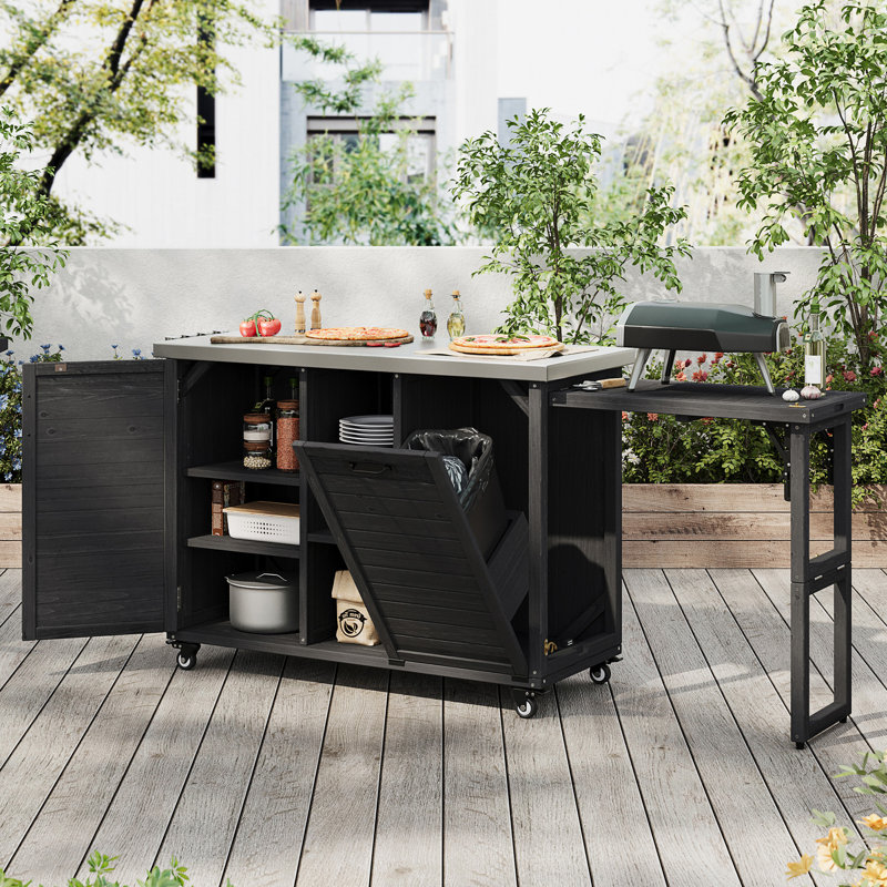 Îlot de cuisine 78,3 "avec table de barbecue pliable, Noir