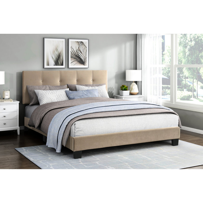 Solid Wood Queen Bed With Brown Velvet, Adjustable Headboard For Bedroom Velvet Furniture, Construction,, Light Brown, Queen