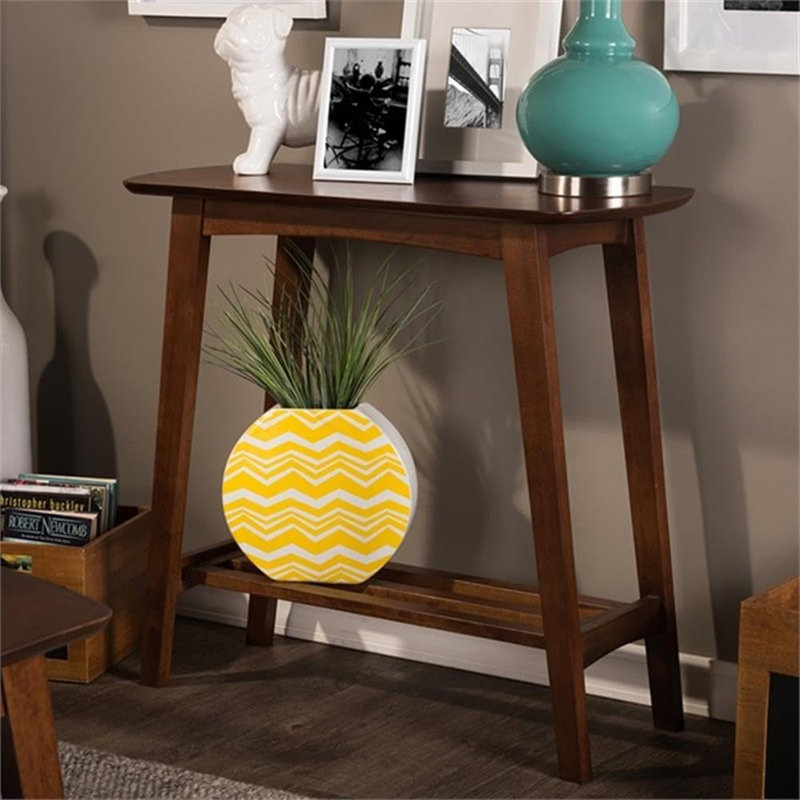Mid-Century Modern Scandinavian Style Console Table With Slatted Shelf, Solid Rubber Wood And MDF Veneer, Dark Walnut Finish