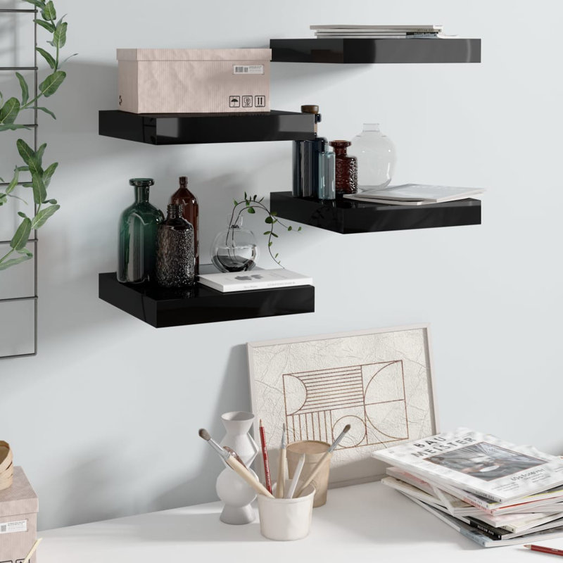 Wall Shelf  Wall Mounted Display Shelf for Photo Frame Set of 4, High Gloss Black, 1.5" H x 9.1" W x 9.3" D