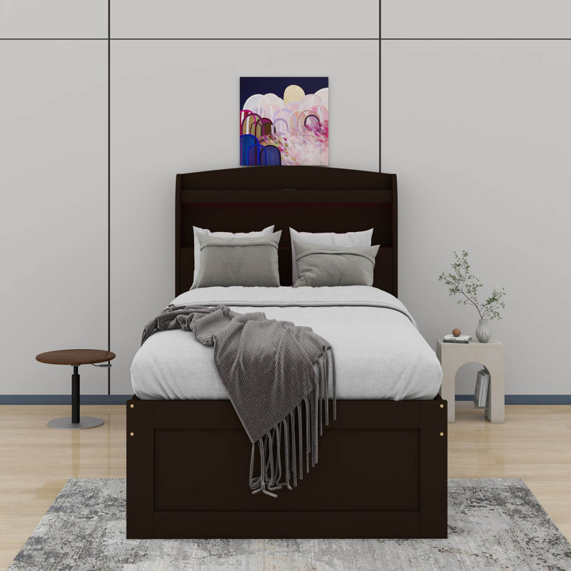 Twin XL Size Platform Bed With Storage LED Headboard, Charging Station, Trundle And Drawers, Dark Brown