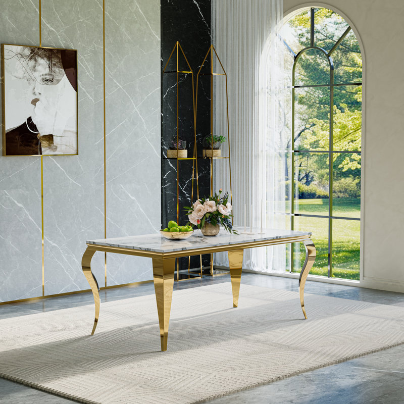 7-Piece Modern Dining Set with Faux Marble Tabletop and Upholstered Chairs – Stainless Steel Legs, Seats 6, White/Gold