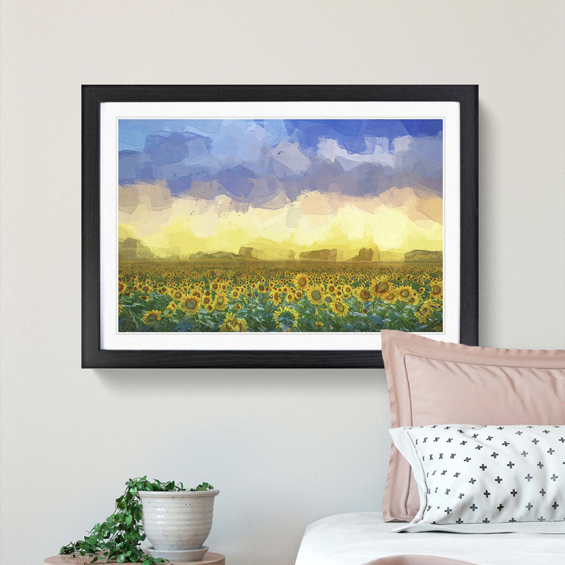 Flock of Birds Above Sunflowers in Abstract - Picture Frame Graphic Art Print, Black Framed, 27cm H x 36cm W x 2cm D