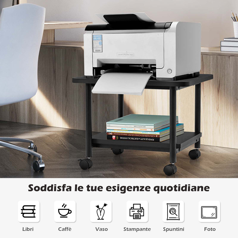 Black 2-Tier Rolling Under Desk Printer Cart with Storage Shelves