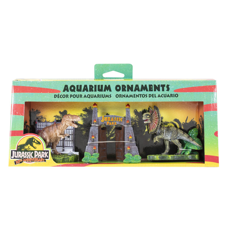 Jurassic Park Officially Licensed 3-Piece Aquarium Accessory Bundle – Includes T-Rex Park Gate, and Dilophosaurus Decorations