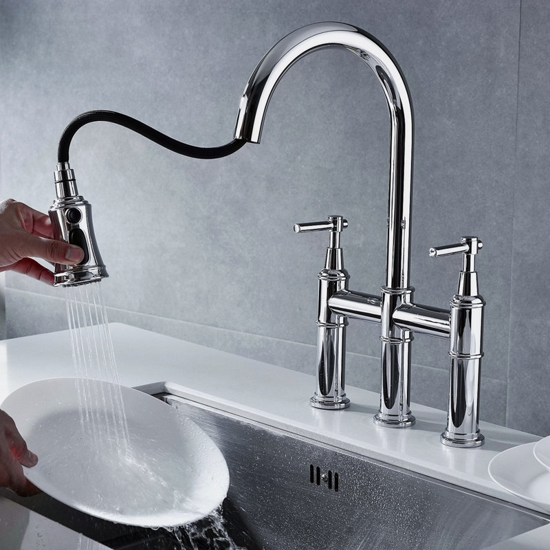 Robinet de cuisine Bridge avec douchette extractible encastrée, Chrome