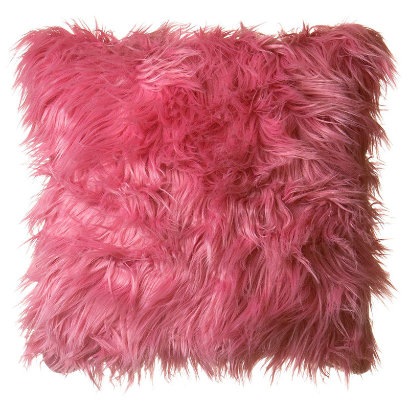 Mongolian Long Hair Square Faux Fur Cushion with Filling, Pillow Cover, Pink