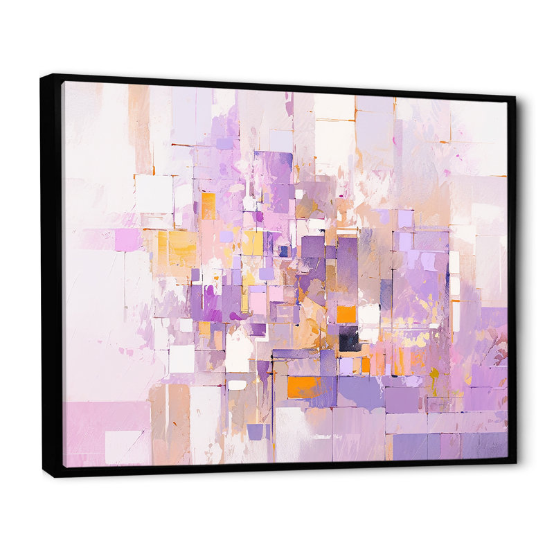«Pink and Pruple Abstract Shadows I» - Formes abstraites, impressions sur toile, Cadre flottant noir, H 24 po x l 32 po