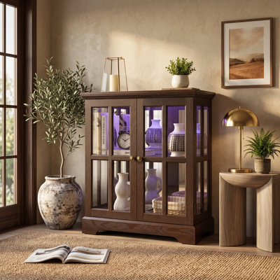 Vitrine lumineuse en chêne cerise avec portes en treillis de verre