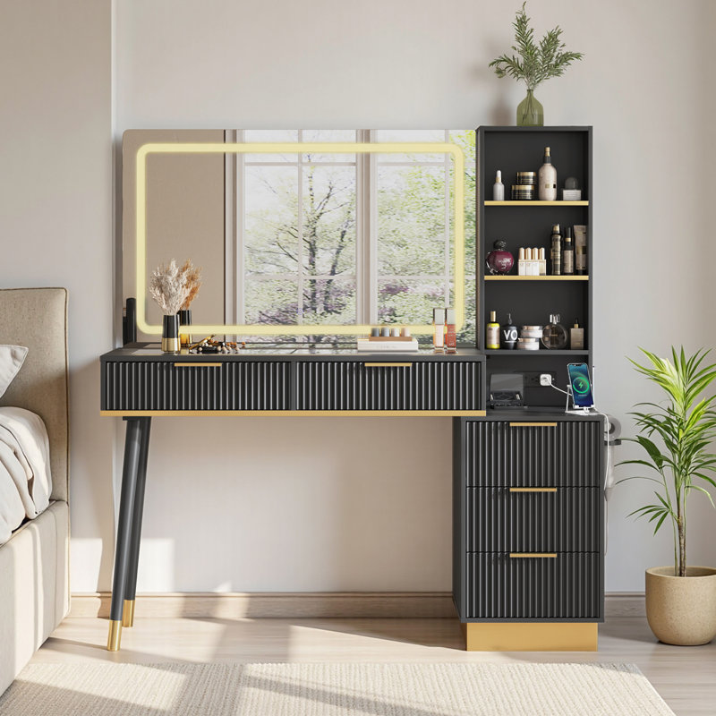 Meuble-lavabo 48 po avec grand miroir lumineux de 35 po, 5 tiroirs, tablettes et station de charge, noir, Noir
