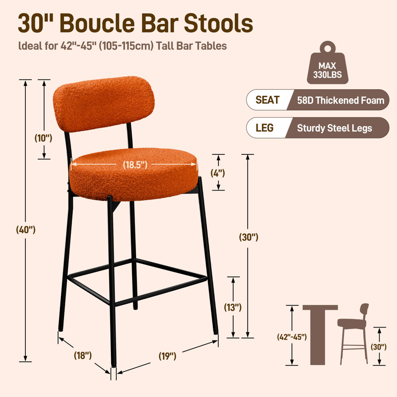 Tabouret de comptoir moderne à dossier courbé et rembourré, 4 Stools, Orange
