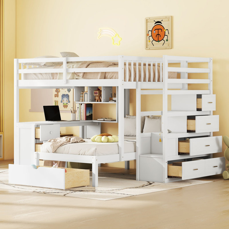 Lit superposé avec bureau, tiroirs et tablettes, Blanc