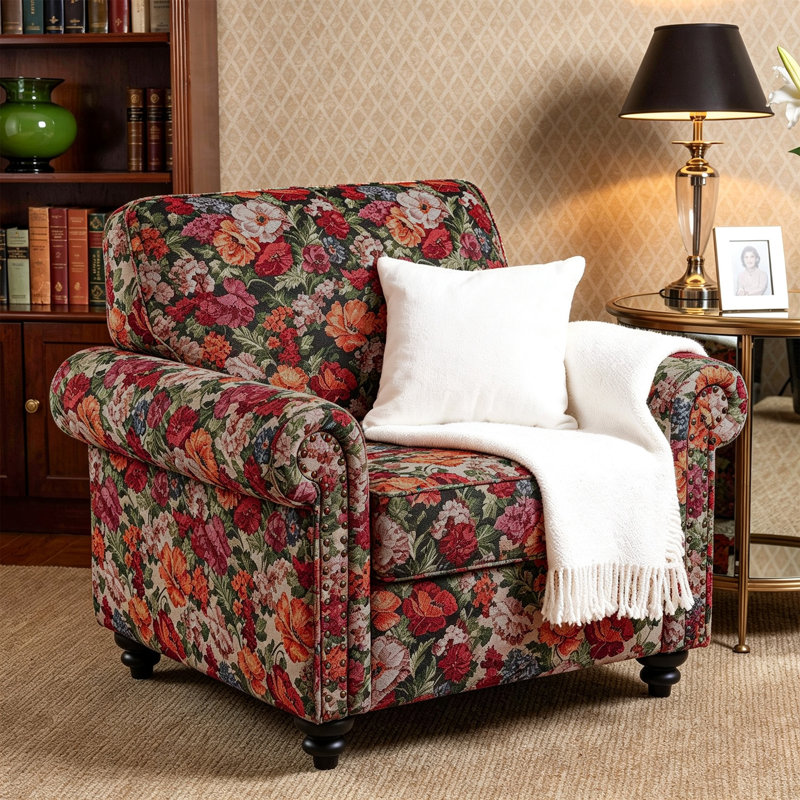 Upholstered Cotton Blend and Herringbone Armchair, Black Floral