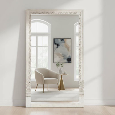 71" Oversized Full Length Floor Mirror, Distressed White Reclaimed Teak Wood Leaner