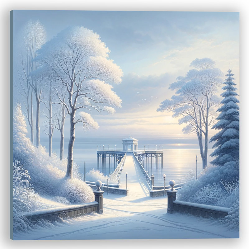 Serene Winter Pier: Snowy Lakeside With Gazebo sur toile, H 20 po x l 20 po x P 1,5 po