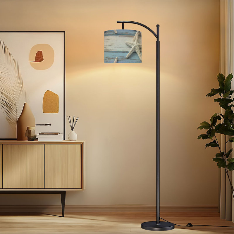 Lampe sur pied Arc avec abat-jour réglable Étoile de mer blanche Lampe de table en bois vieilli bleu blanc avec 3 températures de couleur à intensité variable avec mât pour la chambre à coucher