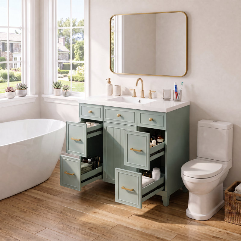 Meuble-lavabo de 91 cm (36 po) avec lavabo en céramique, structure en bois massif, portes à fermeture amortie, étagères réglables, 3 tiroirs dont un tiroir à double profondeur pour sèche-cheveux, vert