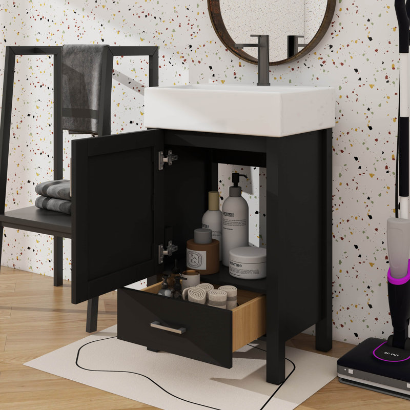 Meuble-lavabo autoportant de 20,28 po avec lavabo en céramique, armoire simple, porte à fermeture en douceur et rangement à un tiroir