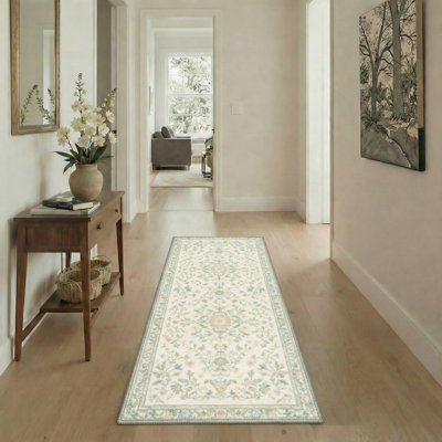 Vilve Floral Machine Washable Light Green/Ivory/Yellow Indoor Area Rug With Non-Slip Backing