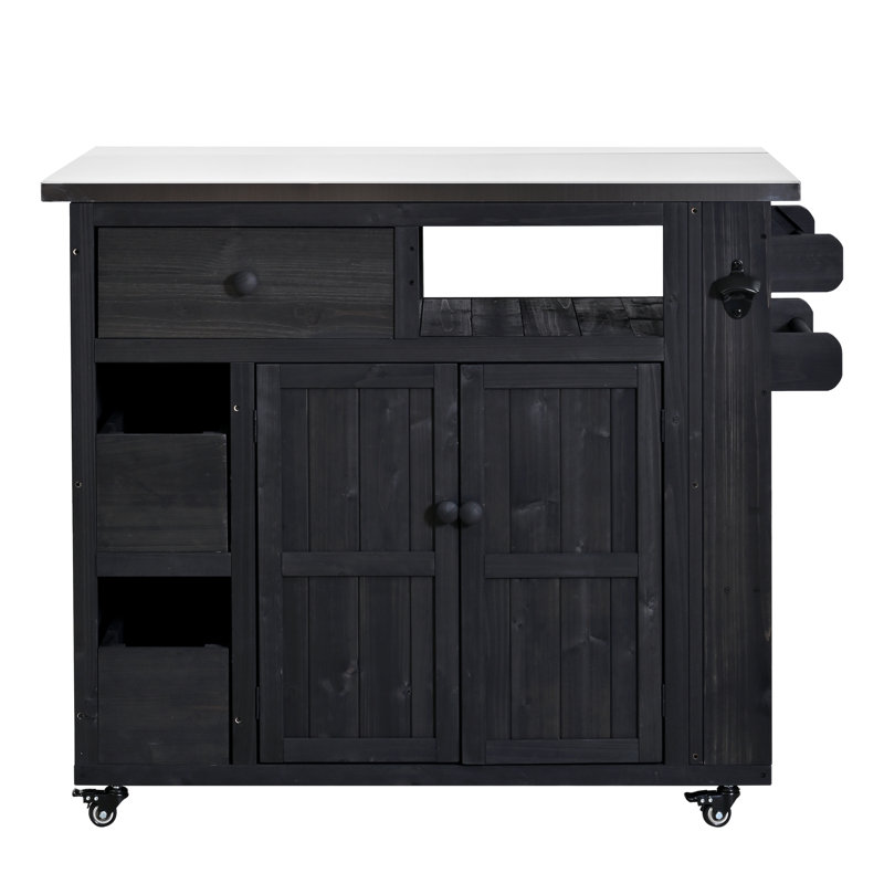 Outdoor Solid Wood Extendable 19.3''/28'' Kitchen Island, Stainless Steel Top Grill Table with Side Spice Rack, Black