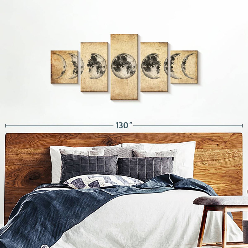 " Grunge Moon Phases Multi Piece Canvas Print " 5 - Pieces, 36" H x 80" W x 1.25" D