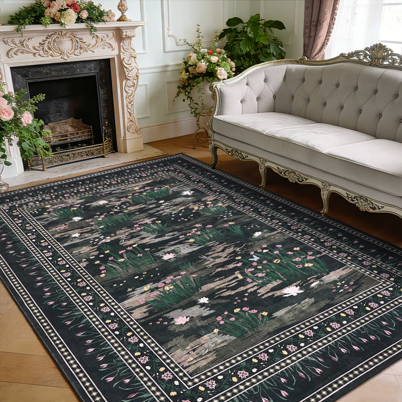 Washable Rug for Living Room, Soft Non Slip Floral Bedroom Rugs, Water Lily Pond Cute Nursery Rug, Large Low Pile Stain Resistant Farmhouse Rugs