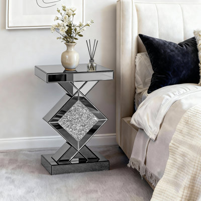 Amla 23'' Tall Mirrored Glass Pedestal End Table With Crystal Inlay