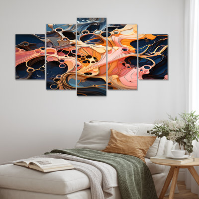 Pink And Orange Ink Waves Melody - Abstract Liquid Ink Multipanel Wall Art Decor