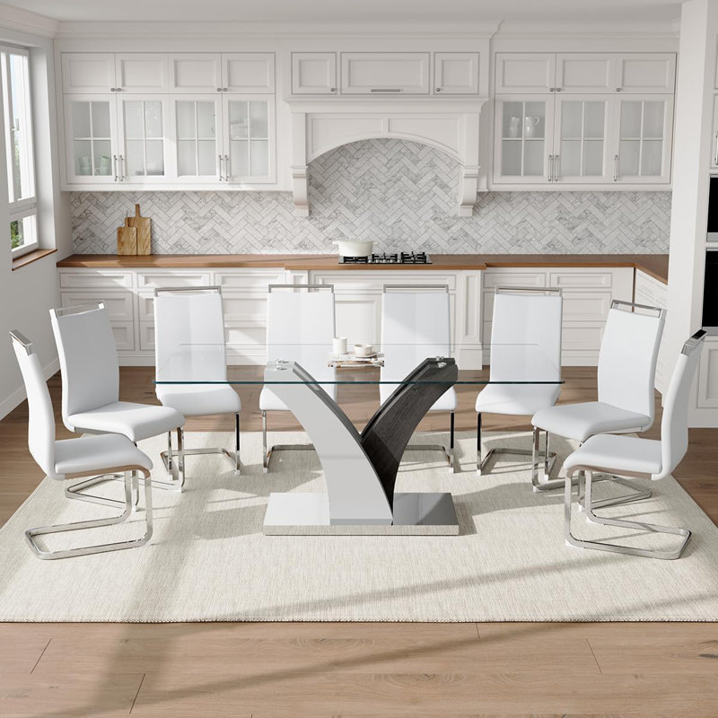 71" Dining Table Set For 8, Glass Dining Room Table Set With Tempered Glass Tabletop And PU Leather Chairs, White