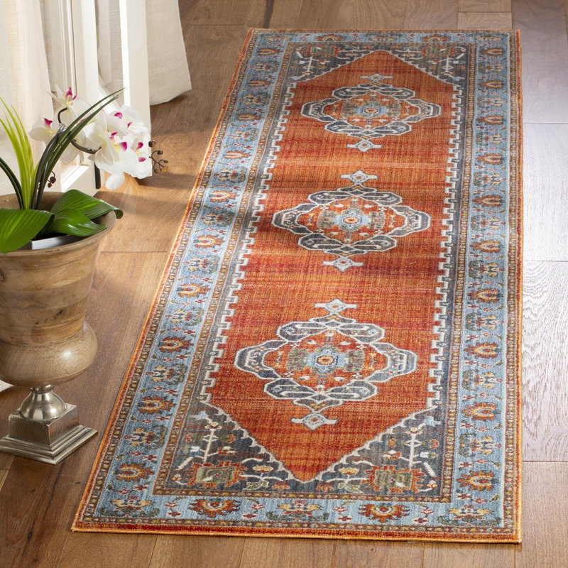 Tapis rouille / bleu en coton persan Preble, Tapis de couloir 2 pi 2 po x 12 pi