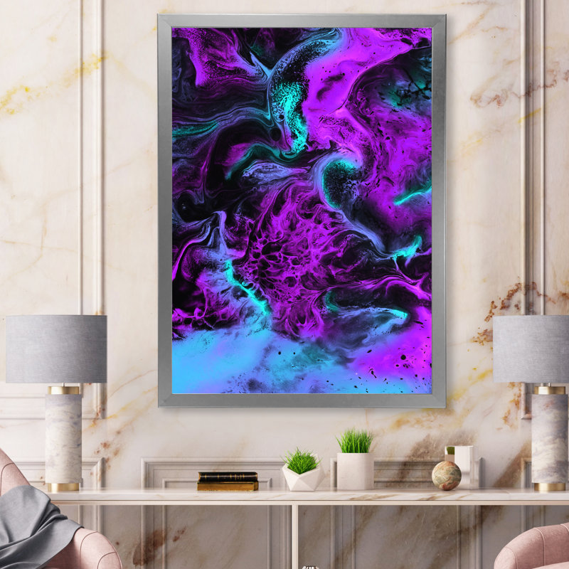 Neon rose, bleu et vert, paysage liquide - peinture sur toile, H 20 po x l 12 po, Cadre de coin argenté fermé